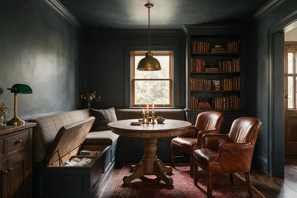 A dark academia dining room with deep charcoal walls, a wood pedestal table, two brown leather armchairs, and a built-in bookshelf filled with vintage books. A brass pendant light hangs over the table, and a window brings in soft natural light above a textured banquette and red patterned rug.