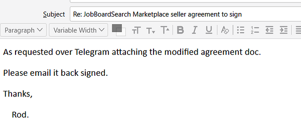 The image displays an email draft regarding a modified agreement for a job board sale.