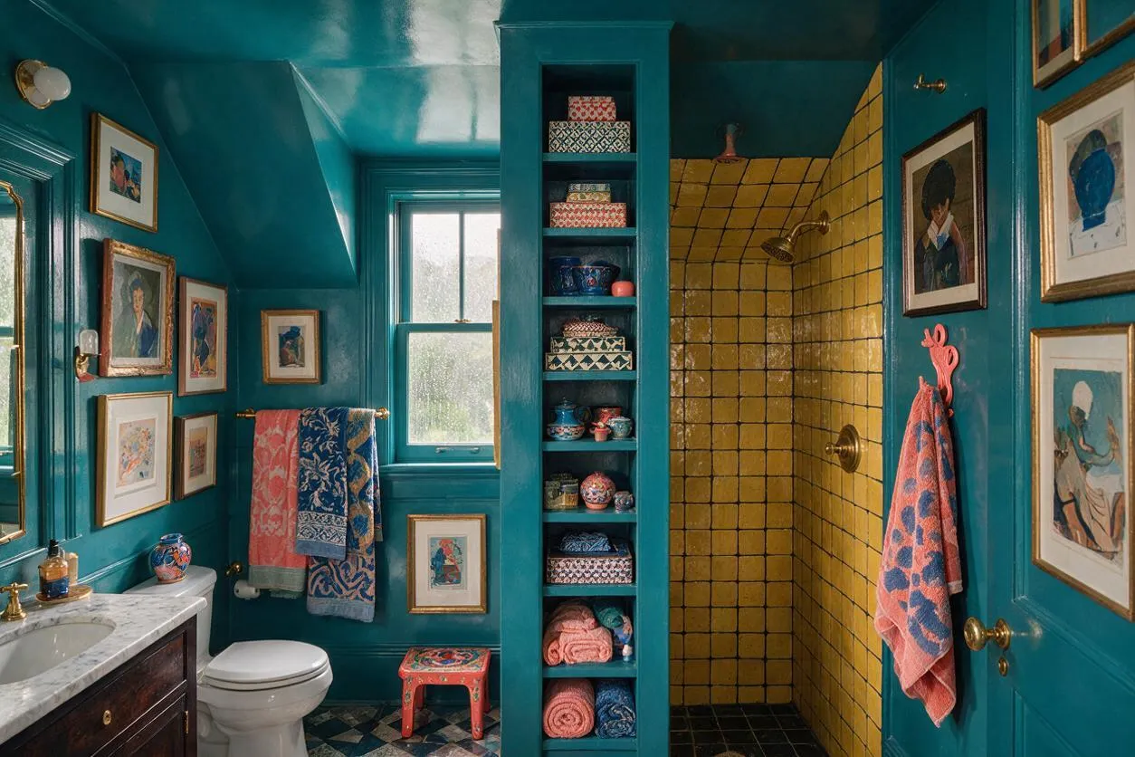 A vibrant master bathroom with glossy teal walls and ceiling, framed artwork covering both sides, and a built-in center shelf filled with patterned boxes and folded towels. A shower lined in small yellow square tiles adds contrast, while brass fixtures, a marble vanity top, and mixed textiles create a richly layered maximalist look.