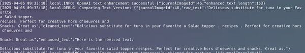 The image displays a terminal output showing the results of an OpenAI text enhancement process.
