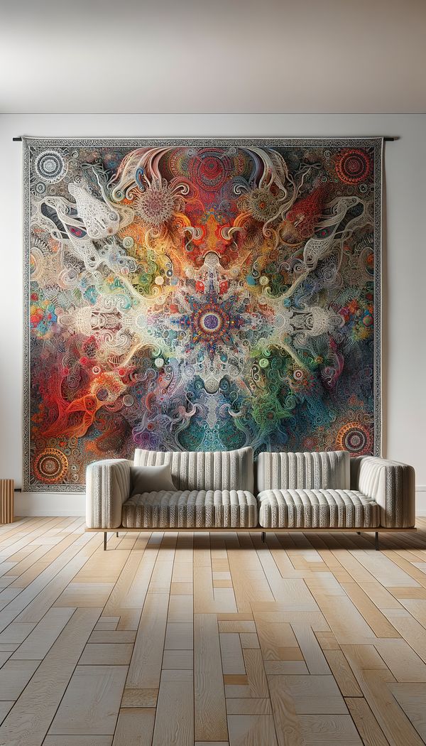 a vibrant, intricately designed tapestry hanging on a white wall in a modern living room, adding color and texture to the space