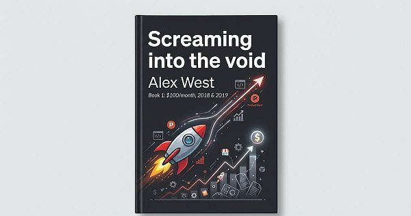 A book cover titled 'Screaming into the void' by Alex West, featuring a rocket and various graphical elements.