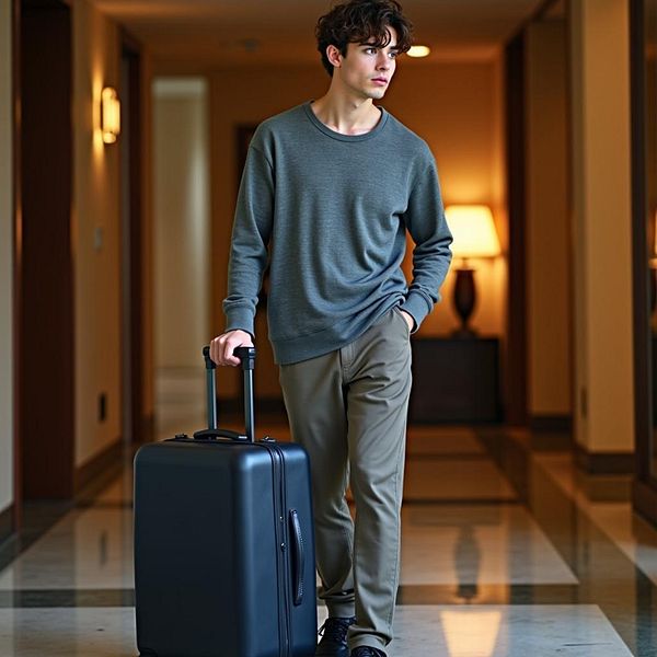 A young man walks through a hotel corridor with a suitcase.