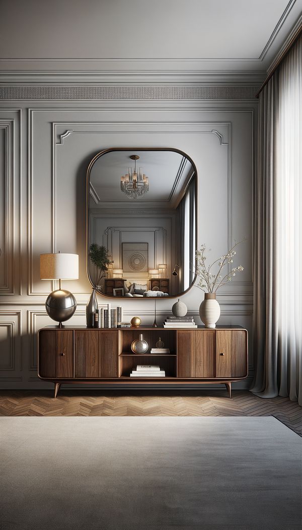 A sleek, mid-century modern credenza in a living room, with decorative items like a vase and books on top, and a large mirror hanging above it.