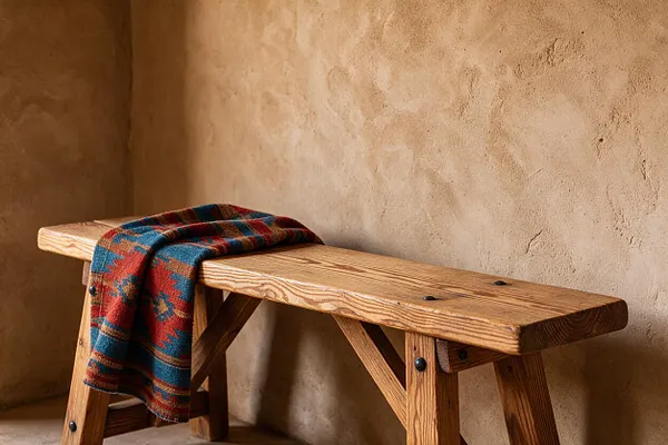 A rustic wooden bench sits against a textured adobe-style wall, with a colorful Southwestern blanket draped over one end. The bench has thick plank seating, simple angled legs, and visible black hardware, creating a warm, handcrafted look.