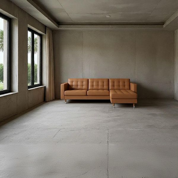 A modern, minimalist interior space featuring a brown leather sectional sofa.