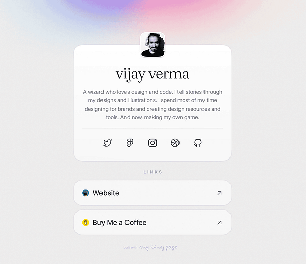 The image displays a personal webpage layout for an individual named Vijay Verma, showcasing his profile and links.