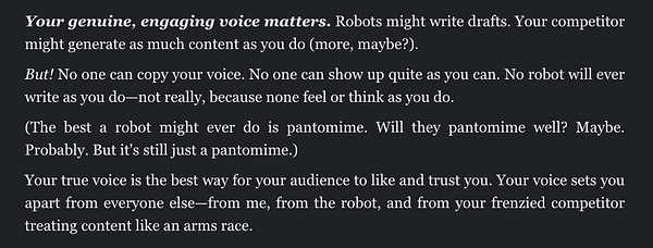 The image features a text excerpt discussing the importance of a unique writing voice.