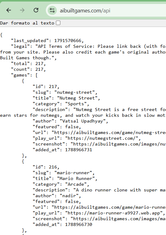 JSON response from the games API at aibuiltgames.com listing details for games Nutmeg Street and Mario Runner.