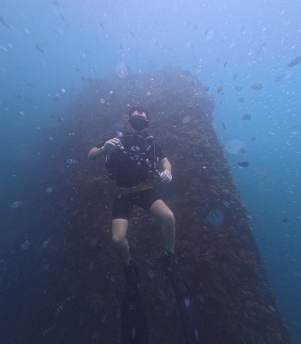 A scuba diver explores underwater near a submerged structure surrounded by fish.