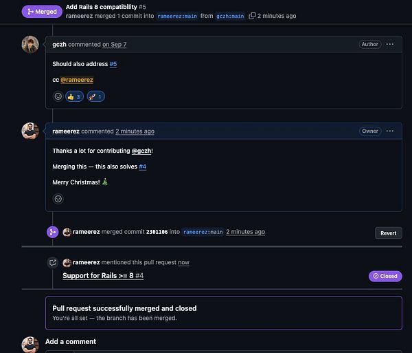 A GitHub pull request discussion regarding the merging of a compatibility update for the pricing_plans gem.