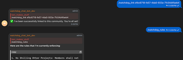 A chat interface displaying interactions related to community onboarding using Watchdog's API.