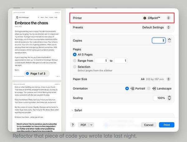 A webpage mockup titled 'Print To Offprint' with a minimal design and a center-aligned input form.