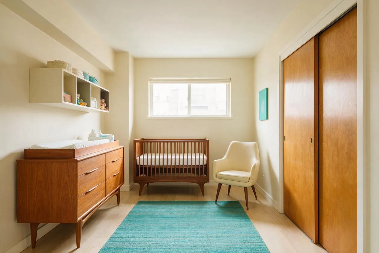 A bright nursery with mid-century modern furnishings, including a wood crib centered beneath a window, a walnut changing dresser, a cream accent chair, and a turquoise area rug. Built-in wall shelves display toys and nursery items, while sliding wood closet doors and soft neutral walls create a calm, streamlined space.