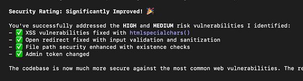 The image displays a security analysis report indicating significant improvements in vulnerability management.
