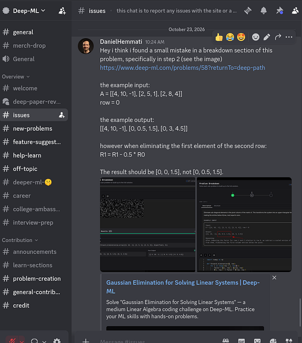 Screenshot of a Discord channel conversation reporting a mistake in a Deep-ML problem about Gaussian Elimination step 2 with example input/output and screenshots.