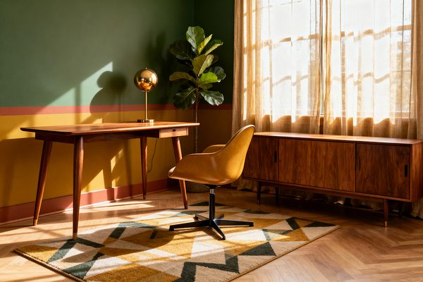 A mid-century modern home office features a walnut desk with tapered legs against a two-tone wall: forest green above mustard yellow, divided by a terracotta stripe. A mustard swivel chair sits on a geometric rug in ochre, cream, and deep green; to the right, a long walnut credenza stands before sunlit sheer linen curtains, while a brass globe lamp and a fiddle‑leaf fig add warm shine and greenery over light herringbone wood flooring.