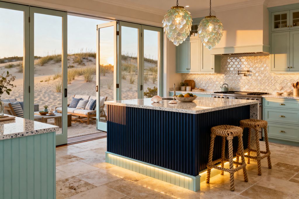 A coastal kitchen opens to sandy dunes through seafoam bi-fold glass doors, centering a navy reeded island with a speckled terrazzo countertop and warm toe-kick lighting. Two sea-glass capiz pendants hang above rope-wrapped stools; pale mint Shaker cabinets with brass hardware surround a stainless range, set against a glossy white scallop tile backsplash, while tumbled travertine floors and outdoor seating with blue-striped cushions complete the sunlit, breezy scene.
