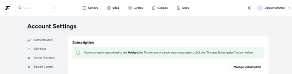 The image displays the Account Settings page for Laravel Forge, highlighting the current subscription status.