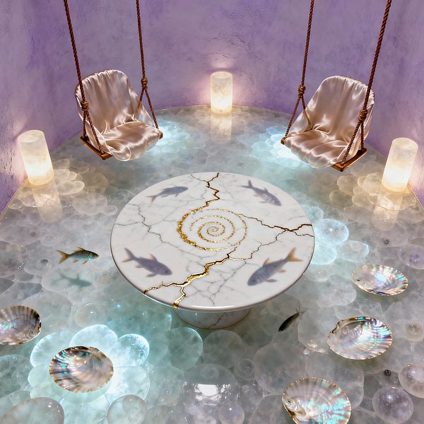 A surreal dining room features a round white marble pedestal table with gold kintsugi cracks and a central spiral, flanked by two rope-hung swing chairs draped in pearly satin. The translucent resin floor, lit from below in cool blue, shows bubble-like discs, fish silhouettes, and iridescent shells, while lavender plaster walls and two cylindrical alabaster lamps emit a soft glow.