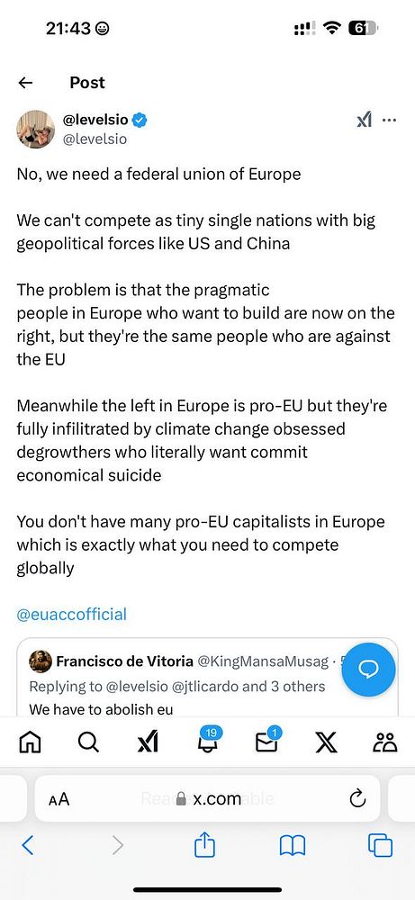 A Twitter post discussing the need for a federal union in Europe and the lack of pro-EU capitalists.