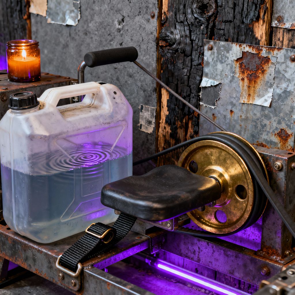 Close-up of a makeshift home gym built from salvaged parts: a brass pulley with a belt drives a small black vinyl seat, while a translucent plastic jerrycan filled with water acts as weight. The backdrop shows charred wood and patched, rusted galvanized metal panels fastened with screws, underlit by a purple UV strip; an amber glass candle on a metal shelf adds warm light, highlighting the rough textures, corrosion, torn edges, and survivalist, post-apocalyptic aesthetic.