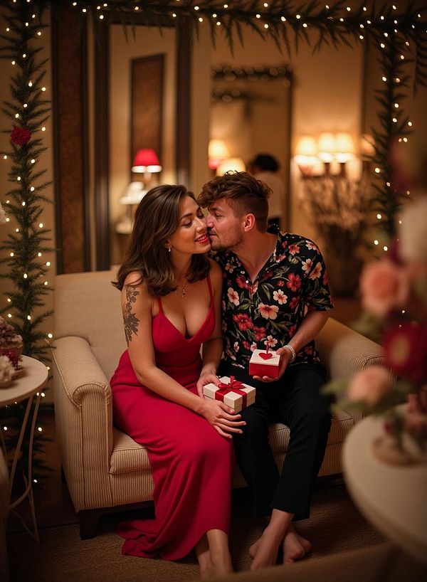 A couple shares a romantic moment while seated together in a cozy, decorated setting.