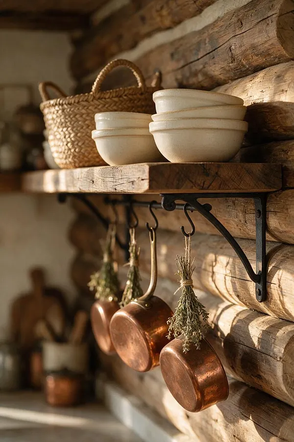 A rustic kitchen vignette features a thick reclaimed wood shelf mounted on a log wall with black iron brackets. Stacked cream ceramic bowls, a woven basket, and hanging copper pans with dried herbs create a warm, handcrafted farmhouse display.