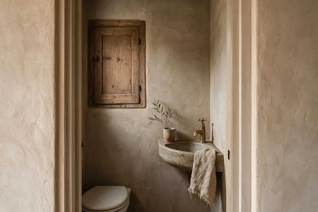 A narrow powder room with textured plaster walls, a rustic wood wall cabinet, and a small stone sink with a brass faucet. A white toilet is partly visible below, and a small vase with olive branches and a draped linen towel add a restrained, natural touch.