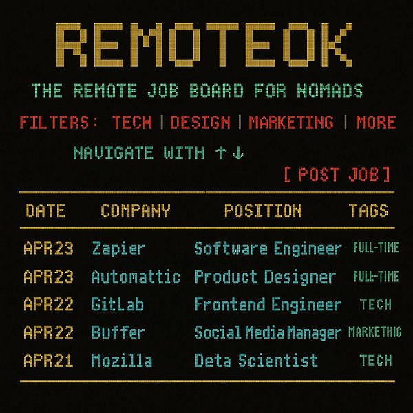 A digital job board interface displaying remote job listings for nomads.