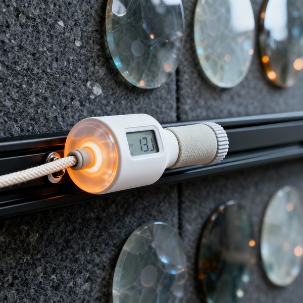 Close-up of a high-tech home gym resistance trainer mounted on a black aluminum wall rail set into charcoal felt acoustic panels. A white cylindrical module with a digital screen reading 13.1 and a warm amber LED halo anchors a braided cord handle with a textured light-gray grip, while circular glass discs with a blue-green tint punctuate the panel for a sci‑fi effect.