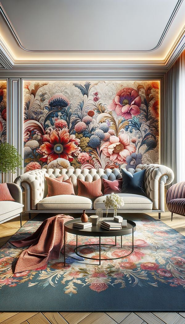 A cozy and elegantly furnished living room, with one wall covered in a bold and vibrant floral wallpaper, enhancing the room's overall aesthetics and tying together the colors and patterns of the furniture and decor.