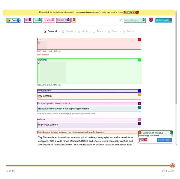 The image displays a submission form for a product called 'Yay Camera' on a platform for startups.