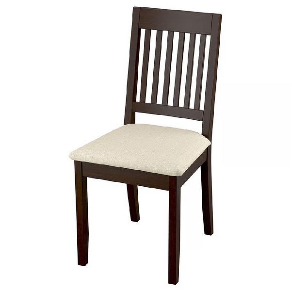 A wooden chair with a cushioned seat.