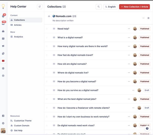 The image displays a Help Center interface showcasing a collection of articles related to digital nomad topics.