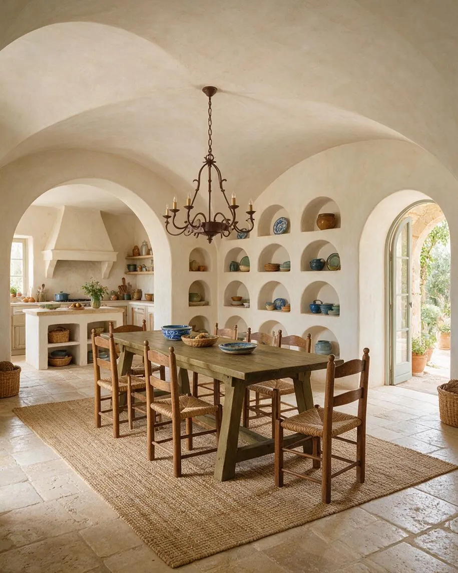 A Mediterranean-style dining room with a large rectangular wooden table and woven-seat chairs centered on a natural jute rug. The room features white plastered walls and curved ceilings, built-in arched niches filled with pottery, a wrought-iron chandelier, and an open arched doorway leading to a sunlit courtyard.