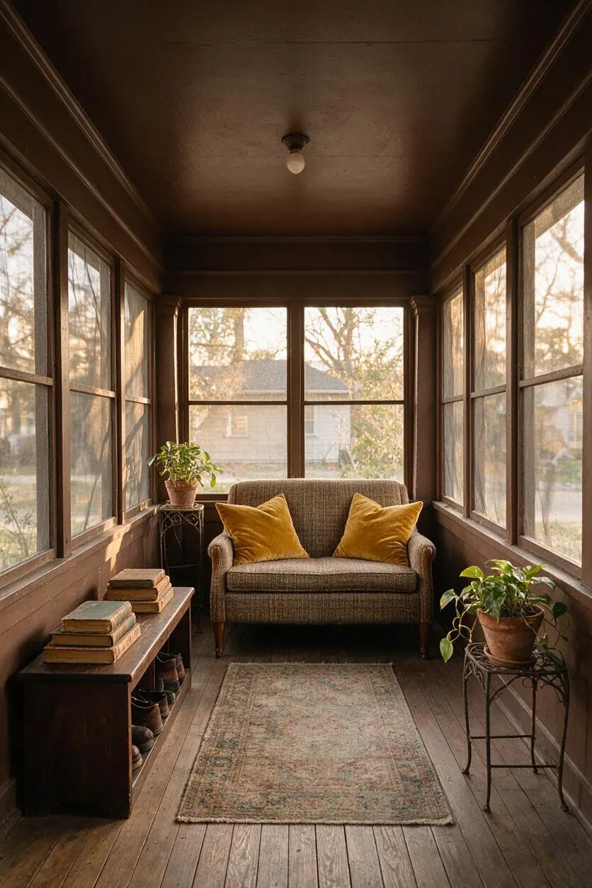 A narrow screened front porch styled in Dark Academia tones features dark wood walls and ceiling, a woven loveseat with mustard velvet pillows, a faded vintage-style rug, potted plants, and stacks of old books. Warm late-afternoon light filters through the screens, creating a quiet, scholarly atmosphere.
