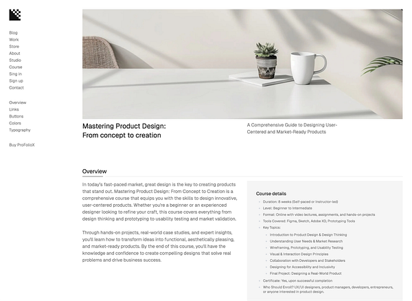 The image displays a webpage for a course titled 'Mastering Product Design: From concept to creation'.