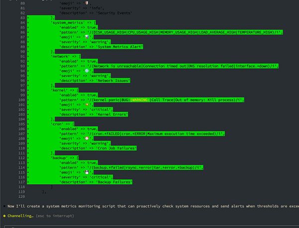 The image displays a code snippet related to system metrics monitoring and error handling configurations.