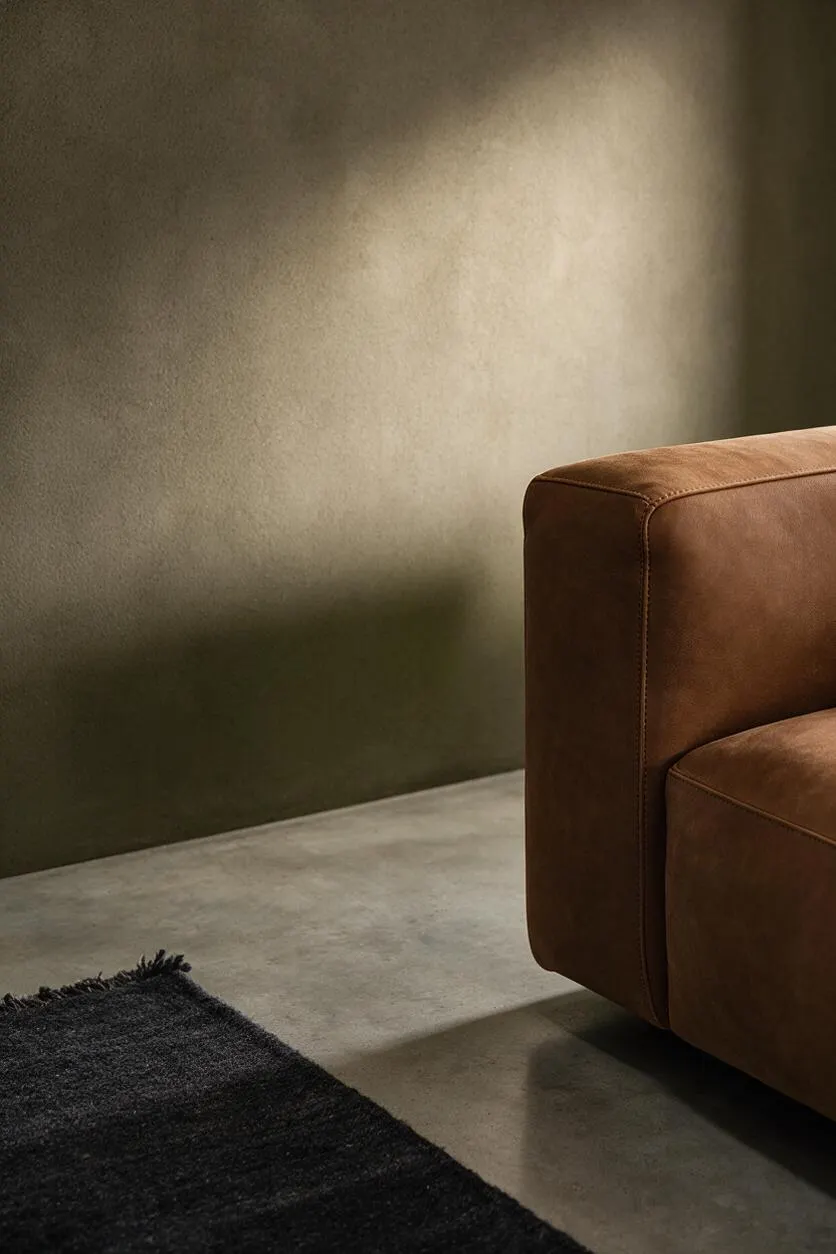 A sparse Brutalist interior with a smooth concrete floor, a textured olive-brown wall, and the corner of a brown leather sofa on the right. A dark shaggy rug sits in the foreground, while soft directional light creates a warm highlight across the wall.