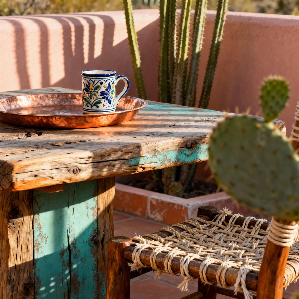 A close-up of a Southwestern patio shows a weathered wooden table with turquoise paint remnants beside a woven rope chair. On the table sits a hammered copper tray holding a hand-painted Talavera mug; behind, cacti rise from adobe-pink planters over terracotta tile as warm sunlight casts striped shadows across the scene.