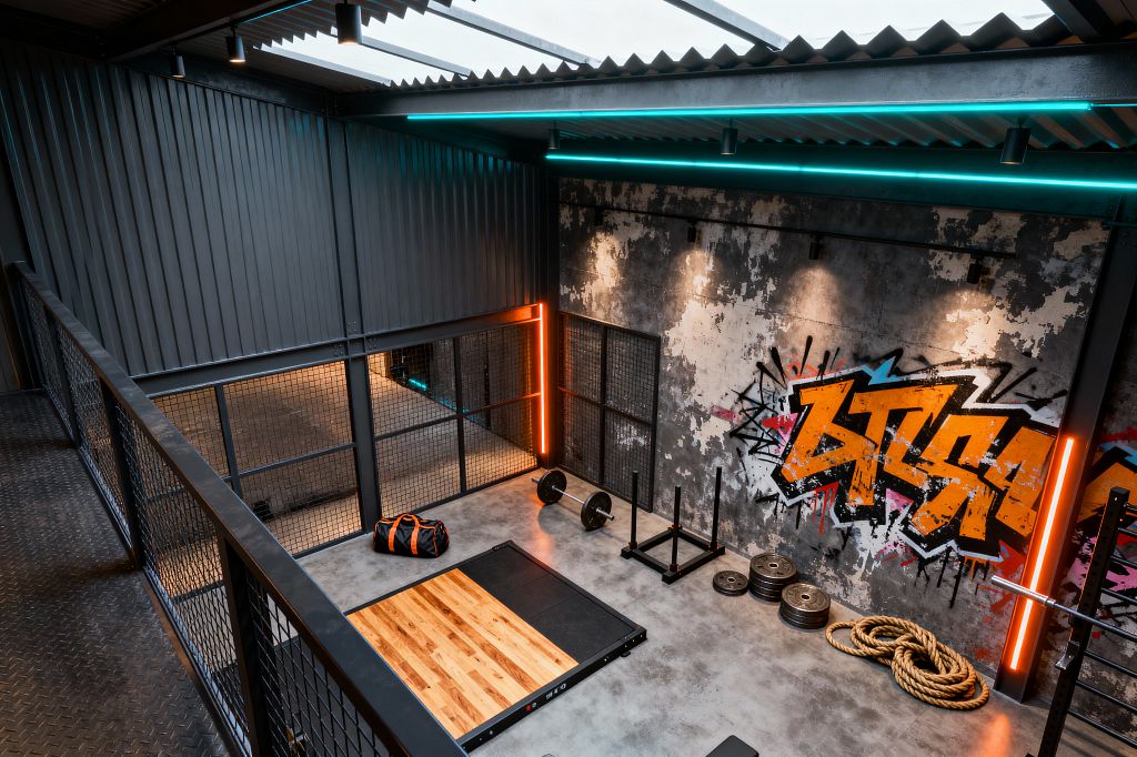 View from an upper catwalk shows a compact home gym wrapped in corrugated steel with exposed beams and skylight roof panels. A hardwood lifting platform set in black rubber anchors the concrete floor, with stacked weight plates, a sled, battle ropes, and a loaded barbell nearby; a distressed wall with bold orange and teal graffiti is illuminated by track lights, cyan strips, and vertical orange LED bars.