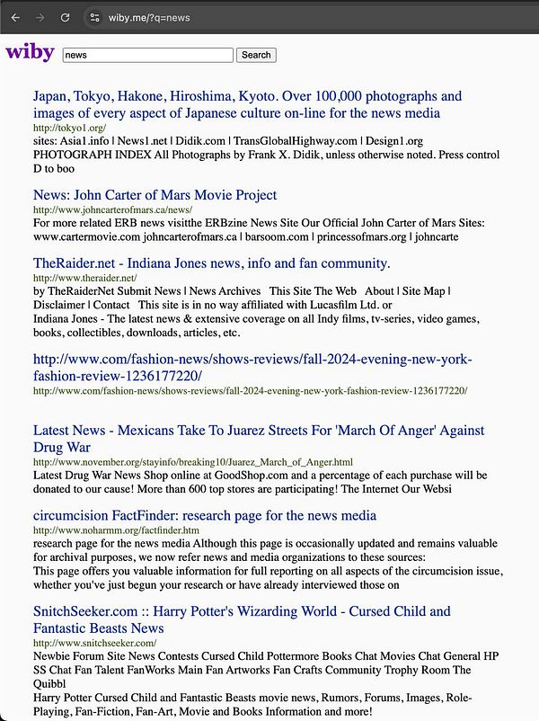 The image displays a search results page from the wiby.me search engine for the query 'news'.
