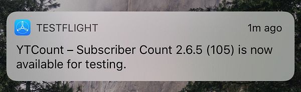 A notification from the TestFlight app announcing a new version of YTCount.