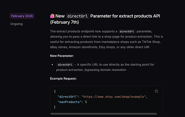Screenshot of an API documentation page for the 'extract-products' endpoint with details about a new parameter.