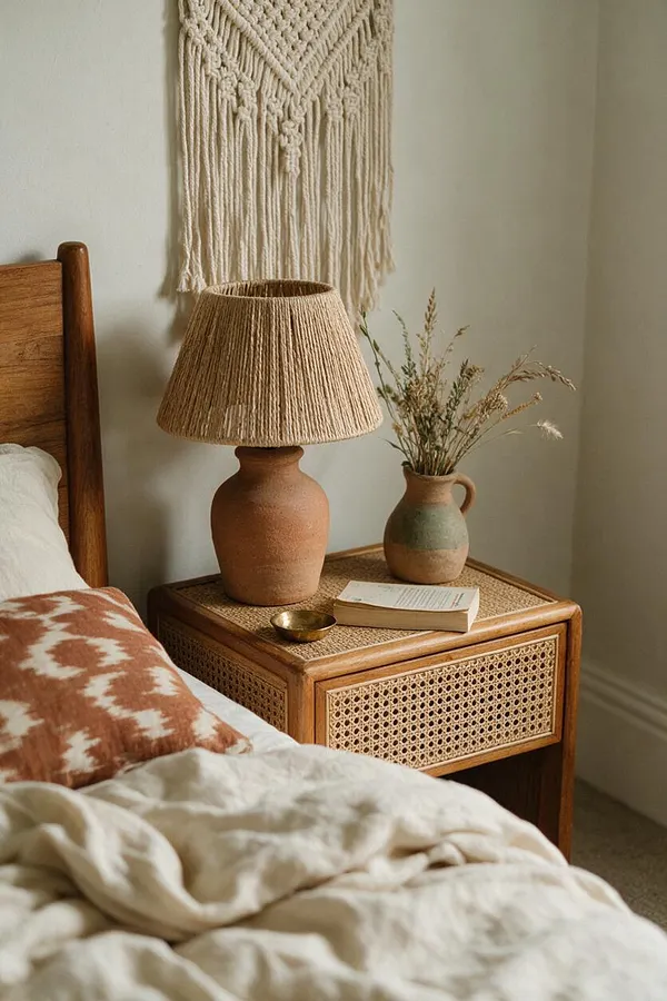 A cozy bohemian bedroom vignette with a wooden bed frame, cane-front nightstand, textured ceramic lamp, dried flowers in a small jug, and a macramé wall hanging above the bed. Soft cream bedding and warm neutral tones create a calm, layered look.