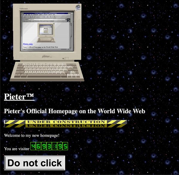 A retro-themed computer display showcases a webpage titled 'Pieter's Official Homepage' with a space background.