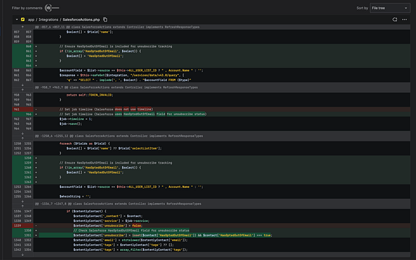 The image displays a code snippet from a PHP file related to Salesforce actions and unsubscribe tracking.