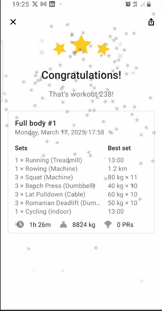 A workout summary displaying various exercises and performance metrics.