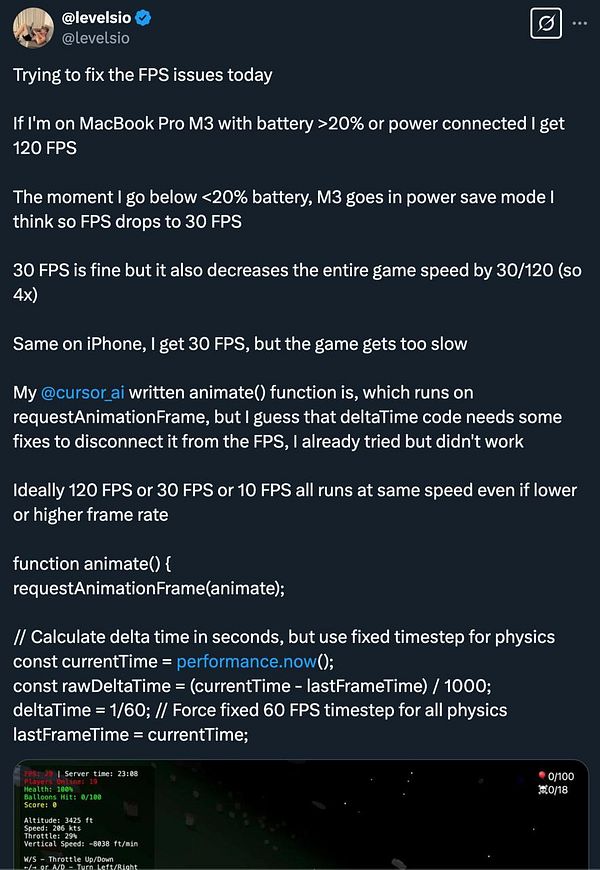 A tweet discussing FPS issues in a game, including code snippets and performance observations.